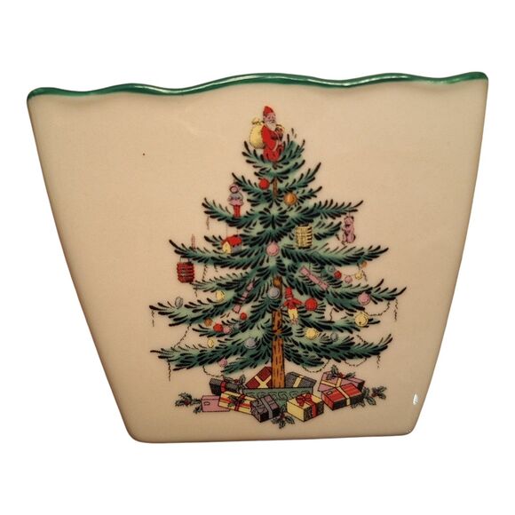 Spode Christmas Tree Pierced Votive Holder Square Glazed Porcelain Scalloped Rim - Picture 6 of 10